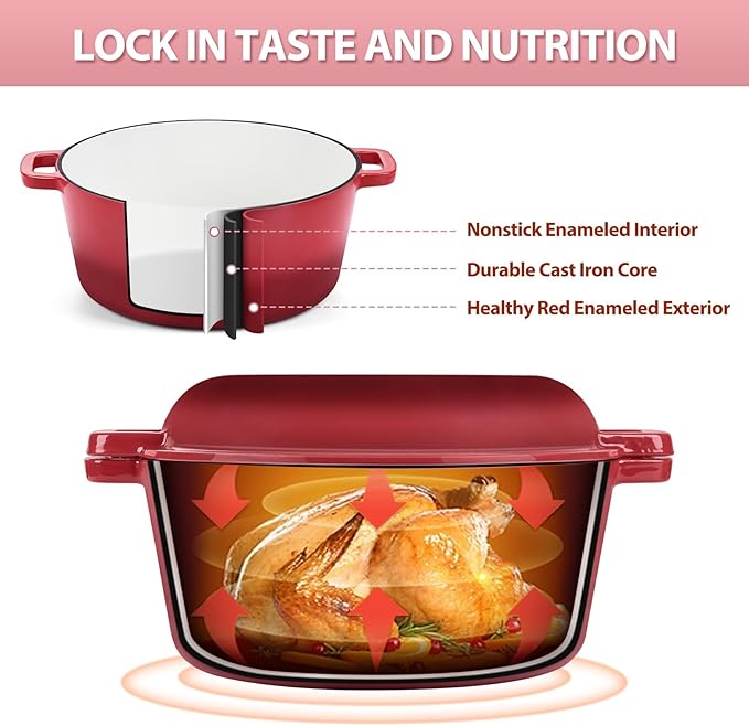 TeamFar 2-In-1 Enameled Cast Iron Dutch Oven, 5 Quart Dutch Oven Pot Cookware with Skillet Lid for Bread Baking Braising Stewing Roasting, Heavy-Duty & Nonstick, Oven Safe & Fit for Induction (Red) - Image 3