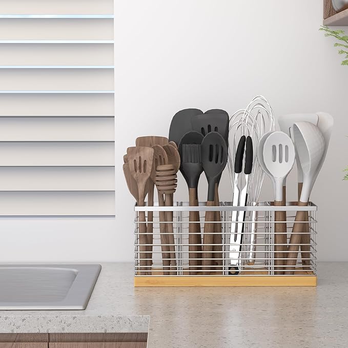 Suli Extra Large Kitchen Utensil Holder Countertop with 4 Compartments,Silvery Metal holder with Wooden Base for Countertop,Farmhouse Utensil Organizer for counter,Rustic Cooking Utensil Organizer - Image 8