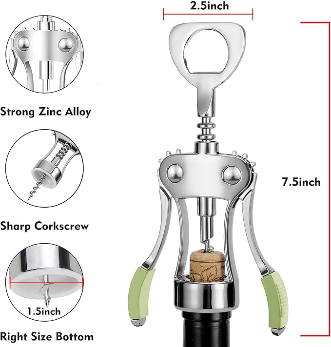KORCCI Wine Opener, Heavy-Duty Zinc Alloy Wing Corkscrew, Premium Beer Bottle Opener, Multifunctional Wine Accessories with Ergonomic Handle and Sharp Screw, for Kitchen, Bar, Restaurant (GREEN) - Image 2