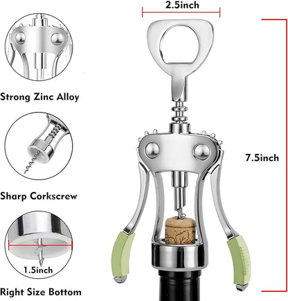 KORCCI Wine Opener, Heavy-Duty Zinc Alloy Wing Corkscrew, Premium Beer Bottle Opener, Multifunctional Wine Accessories with Ergonomic Handle and Sharp Screw, for Kitchen, Bar, Restaurant (GREEN) - Image 2
