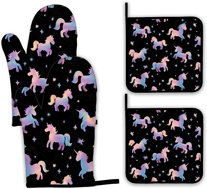 Cute Unicorn Pattern Oven Mitts and Pot Holders Set,Pink Kitchen Decor Heat Resistant Non Slip Hot Pads and Oven Mitt for Chef Cooking Baking BBQ Mom Girl Gifts(4 Piece Set)