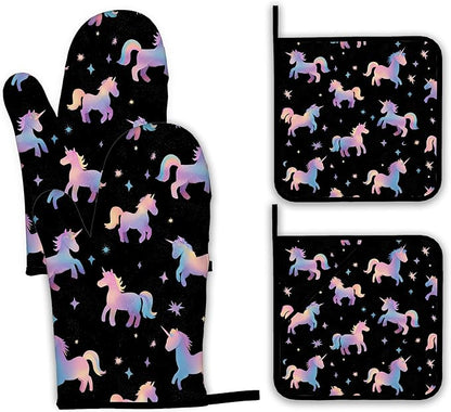 Cute Unicorn Pattern Oven Mitts and Pot Holders Set,Pink Kitchen Decor Heat Resistant Non Slip Hot Pads and Oven Mitt for Chef Cooking Baking BBQ Mom Girl Gifts(4 Piece Set)