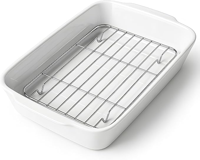 HOMBENE 4.2 QT White Casserole Dishes for Oven, Baking dishes with Roasting Racks, Rectangular Lasagna Pan with Handles for Baking, Ceramic Baking Pan, Microwave Oven Safe by HOMBENE
