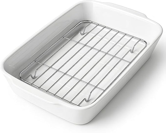 HOMBENE 4.2 QT White Casserole Dishes for Oven, Baking dishes with Roasting Racks, Rectangular Lasagna Pan with Handles for Baking, Ceramic Baking Pan, Microwave Oven Safe by HOMBENE