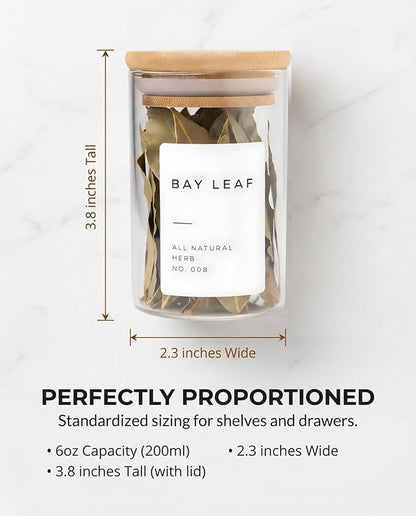 Bloomondo Empty Spice Jars with Label Pack (12x Bamboo Lid Glass Jar). Small 6oz Spice Storage Bottles with 112 Printed Stickers and 48 Writable Pantry Labels for Seasoning Containers - Image 7