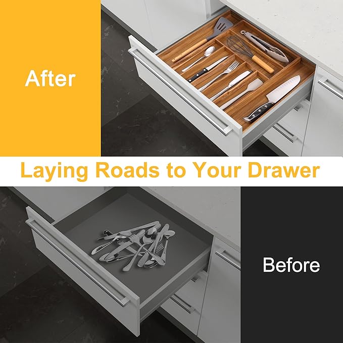 Large Premium Acacia Silverware Organizer - Expandable Drawer Organizer & Utensil Organizer - 17"x19.7" Cutlery Tray with Dividers for Kitchen Utensils and Flatware (7-9 Slots) Acacia - Image 3