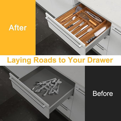 Large Premium Acacia Silverware Organizer - Expandable Drawer Organizer & Utensil Organizer - 17"x19.7" Cutlery Tray with Dividers for Kitchen Utensils and Flatware (7-9 Slots) Acacia - Image 3