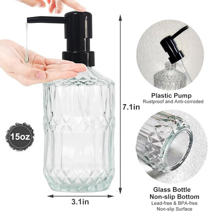 Clear Glass Soap Dispenser with Black Pump, 15oz Liquid Hand Dispenser, Refillable Lotion Dish Soap Dispenser for Modern Home Decor, Bathroom, Kitchen Countertop, Hotel