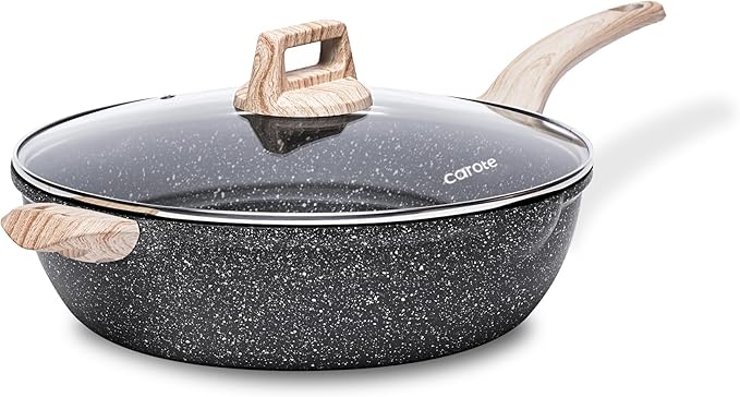 CAROTE 12.5 Inch Nonstick Deep Frying Pan with Lid, 6.5 Qt Jumbo Cooker Saute Pan with Pour Spout, Skillet Induction Cookware, Non Stick Cooking Pan PFOA Free, Classic Granite by CAROTE
