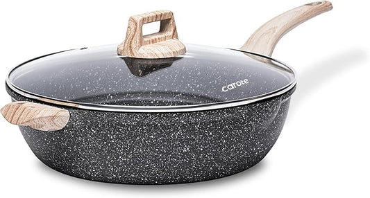 CAROTE 12.5 Inch Nonstick Deep Frying Pan with Lid, 6.5 Qt Jumbo Cooker Saute Pan with Pour Spout, Skillet Induction Cookware, Non Stick Cooking Pan PFOA Free, Classic Granite by CAROTE