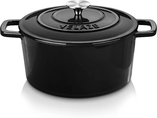 Velaze 6 QT Enameled Cast Iron Dutch Oven, Dual Handles Dutch Oven Pot with Lid,Heavy-Duty Non-stick Round Dutch Oven for Bread Baking, Stewing, Roasting, Good Sealing for All Heat Source (BLACK) by Velaze