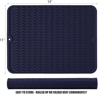 Large 14" x 11" Silicone Dish Drying Mat for Kitchen Counter, Easy clean, Quick Dry, Heat-resistant Dish Drainer Mat for Sink,Refrigerator or Drawer liner (Food Grade Silicone-Dark Blue) - Image 2