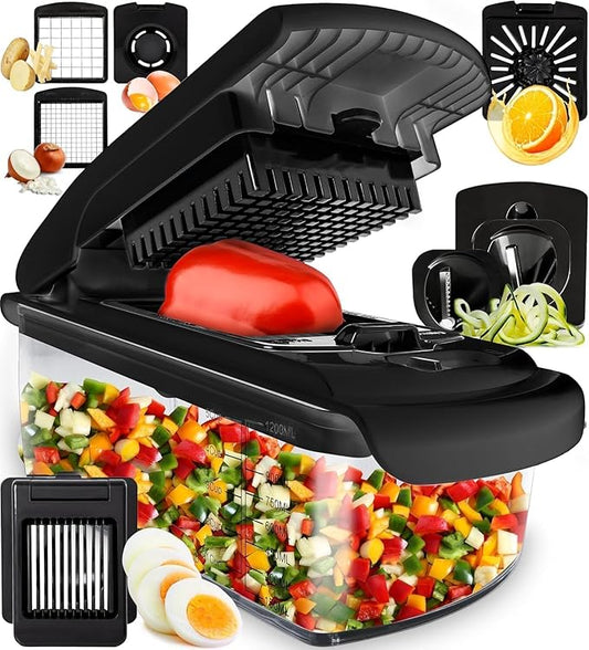 Fullstar Vegetable Chopper & Mandoline Slicer for Kitchen - Food Chopper with Container, Cheese Grater, Home Essentials & Kitchen Gadgets (7 in 1, Black)