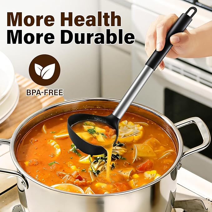 3 Pcs Silicone Cooking Spoon Set, Kitchen Utensils Include Solid & Slotted Spoon, Soup Ladle, Food-Grade Heat Resistant, Non-Scratch Spoons for Serving, Stirring, Draining, Dishwasher Safe, Black - Image 6