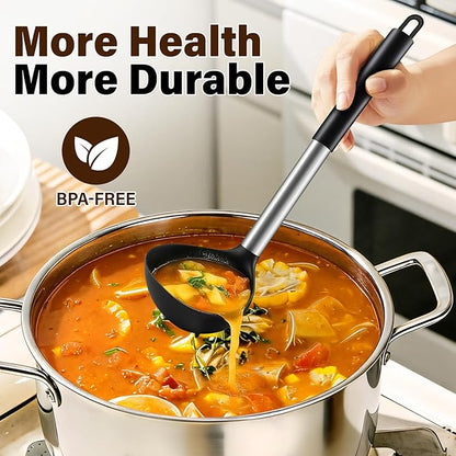 3 Pcs Silicone Cooking Spoon Set, Kitchen Utensils Include Solid & Slotted Spoon, Soup Ladle, Food-Grade Heat Resistant, Non-Scratch Spoons for Serving, Stirring, Draining, Dishwasher Safe, Black - Image 6