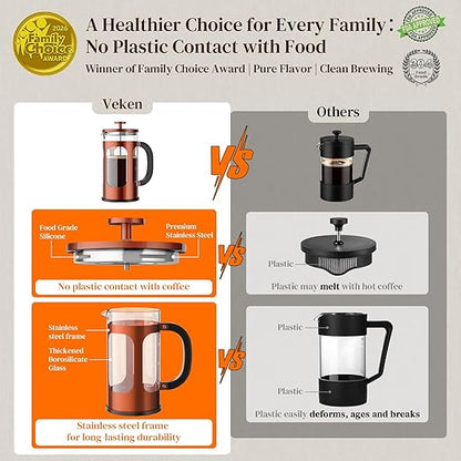 Veken French Press Coffee Maker 34oz 1 L, No Plastic Touching Cafe, Heat Resistant Thickened Borosilicate Glass, Stainless Steel Brewer, Cold Brew Cafetera Teapot for Kitchen Travel Camping, Copper - Image 2