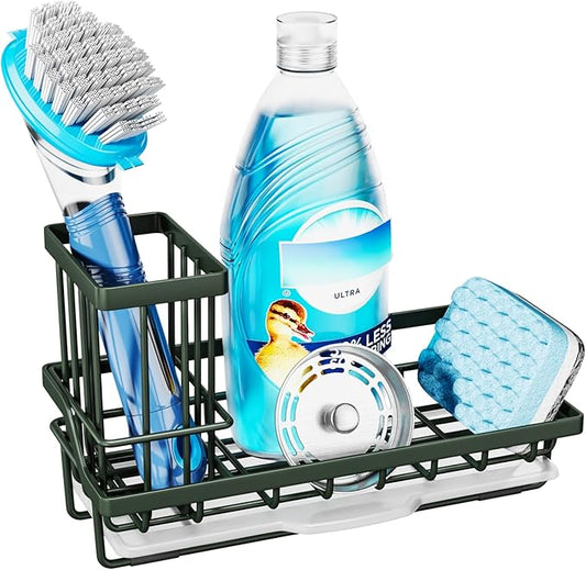 Consumest Sponge Holder for Kitchen Sink - Kitchen Sink Caddy Organizer with Removable Drip Tray for Countertop Dish Soap Dispenser Brush Storage Accessories 304 Stainless Steel, Green by Consumest