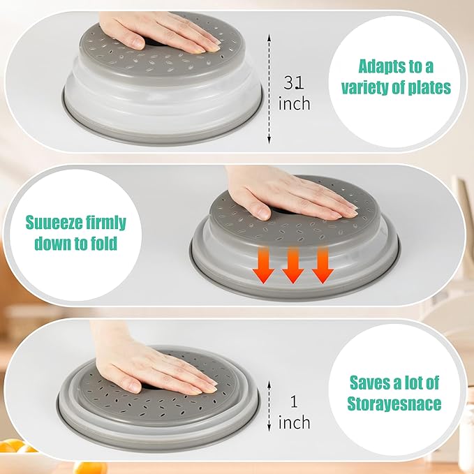 Collapsible Microwave Food Cover, Splatter Guard,Vented Microwave Lid for Food, BPA free TPR, Dishwasher safe，12inch,Grey - Image 4