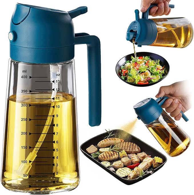 TrendPlain 16oz/470ml Glass Olive Oil Sprayer for Cooking - 2 in 1 Olive Oil Dispenser for Kitchen Gadgets, Air Fryer, Salad, and BBQ - Navy by TrendPlain