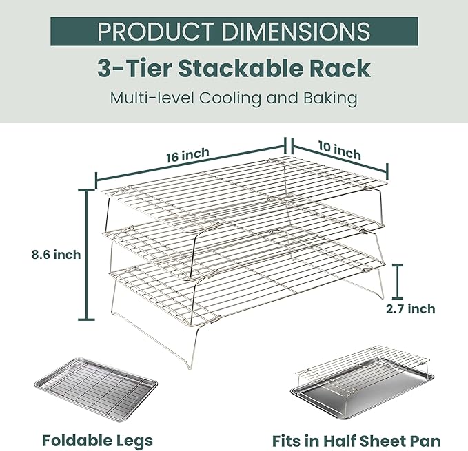 Ultra Cuisine Heavy Duty 3 Tiers Stackable, 16" x 10" Cooling Rack for Cooking and Baking - Professional Grade Premium 100% Stainless Steel Baking Rack & Wire Cooling Mesh - Dishwasher Safe - Pack 3 - Image 2
