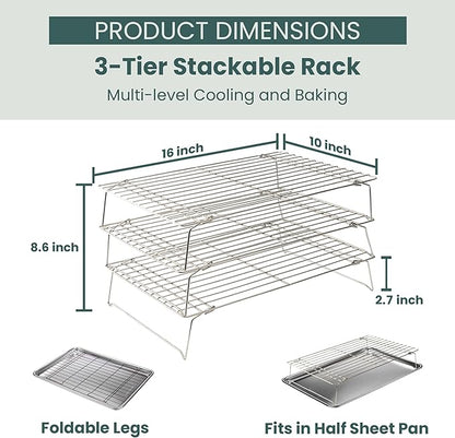 Ultra Cuisine Heavy Duty 3 Tiers Stackable, 16" x 10" Cooling Rack for Cooking and Baking - Professional Grade Premium 100% Stainless Steel Baking Rack & Wire Cooling Mesh - Dishwasher Safe - Pack 3 - Image 2