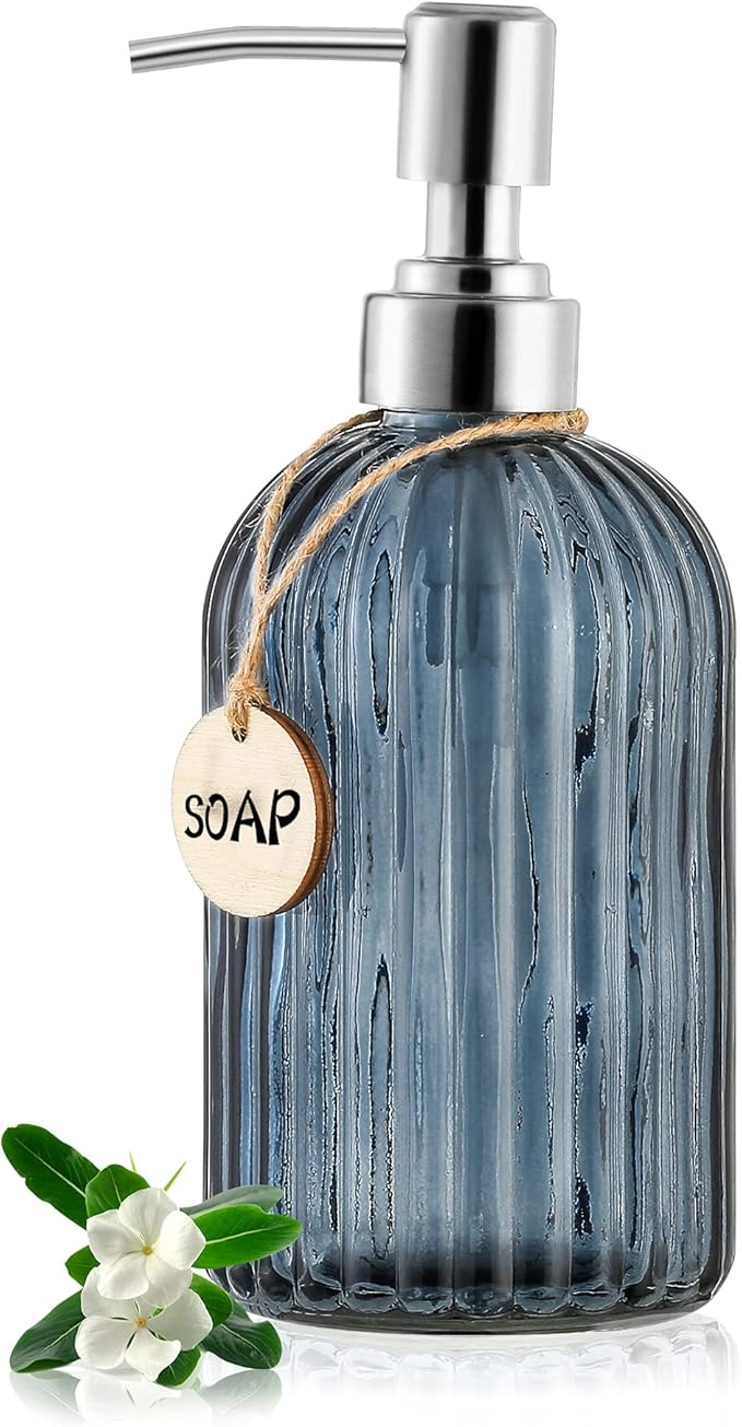 MOCLIF 16 OZ Soap Dispenser，Tempered Glass Clear Vertical Stripe with 304 Rust Proof Stainless Steel Pump Refillable Liquid Hand Soap Dispenser，for Bathroom, Kitchen, Dish Soap，Lotion (Blue Grey) by MOCLIF
