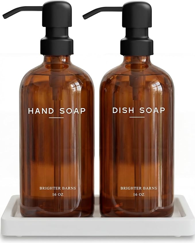 Amber Glass Hand and Dish Soap Dispenser Set by Brighter Barns - Kitchen Soap Dispenser Set with Tray for Kitchen, Airbnb, Vacation Rental or Restaurant - Modern Kitchen Decor & Accessories (Amber) by BrighterBarns