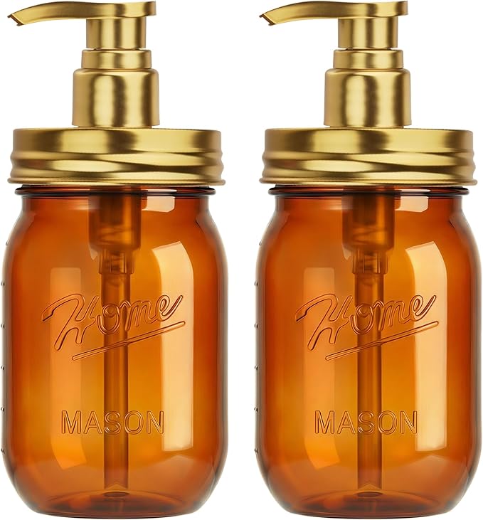 Amolliar Plastic Mason Jar Soap Dispenser with Pump Lid,16OZ Refillable Hand Soap Dispenser Set with Cute Lables - Farmhouse Decor for Kitchen Bathroom, Liquid Soap, Dish Soap, Lotion (2 Pack, Amber) by Amolliar