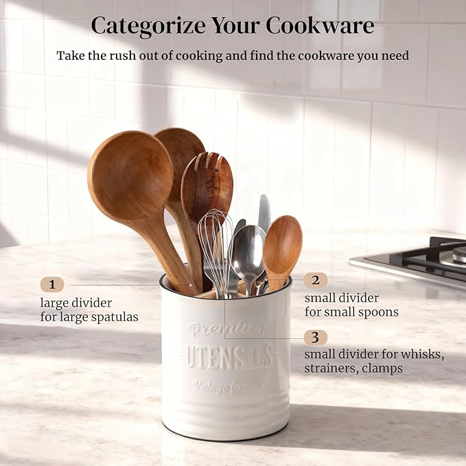 DOWAN 3 Compartment Kitchen Utensil Holder, 7.2″ Extra-Large Ceramic Stable Utensil Caddy, Rustic Cooking Utensil Crock for Farmhouse Kitchen Décor, Utensil Holder for Countertop - Image 4