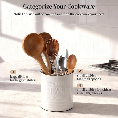 DOWAN 3 Compartment Kitchen Utensil Holder, 7.2″ Extra-Large Ceramic Stable Utensil Caddy, Rustic Cooking Utensil Crock for Farmhouse Kitchen Décor, Utensil Holder for Countertop - Image 4