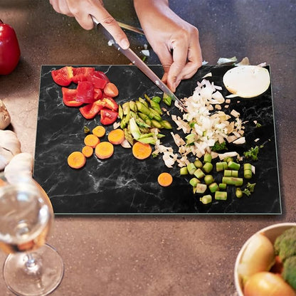 JAMBALAY Tempered Glass Cutting Board for Kitchen, 16"x12" Black Marble Glass Cutting Board with Design, Glass Chopping Board with Non Slip Feet, Heat & Shatter Resistant, Dishwasher Safe
