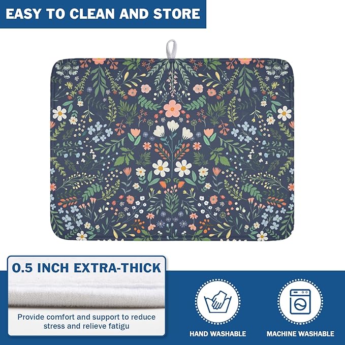 Floral Dish Drying Mat for Kitchen Counter Rustic Flower Leaves Print Microfiber Dish Drainer Mat Farmhouse Floral Absorbent Washable Drying Pad Extra Large 18"x24"