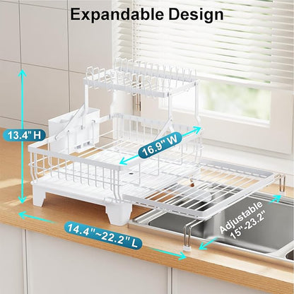 GSlife Large 2 Tier Dish Drying Rack, Expandable Heavy-Duty Dish Rack for Kitchen Counter, Rust-Resistant Dish Drainer with Utensil & Cup Holder, Auto-Drain, 16.9" W x 14.4"-22.4" L, White - Image 6