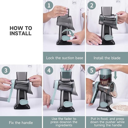 Cheese Grater Hand Crank, Manual Cheese Shredder with 3 Interchangeable Blades, Rotary Cheese Grater with Strong Suction Base, Easy to Use and Clean, GreyBlue - Image 6