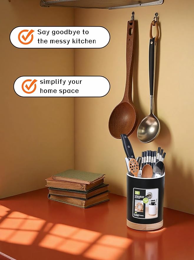 BUBBLE-FLY Modern Kitchen Utensil Holder with Drainage, Black and Wood Base, 3 Compartment Divided Organizer for Spoons Forks Knives, Countertop Caddy for Cooking Tools and Cutlery Storage- Non-Slip - Image 8