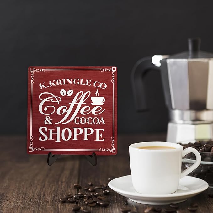 Kringle Coffee & Cocoa Shoppe Sign – 5.9 x 5.9 Inch Wooden Christmas Decor Plaque with Stand, Vintage Holiday Coffee Bar Sign for Kitchen, Cocoa Station, Hot Drink Corner (Red) - Image 5