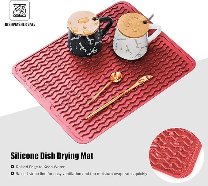 Large 17" x 14" Silicone Dish Drying Mat for Kitchen Counter, Easy clean, Quick Dry, Heat-resistant Dish Drainer Mat for Sink,Refrigerator or Drawer liner (Food Grade Silicone-Red) - Image 3