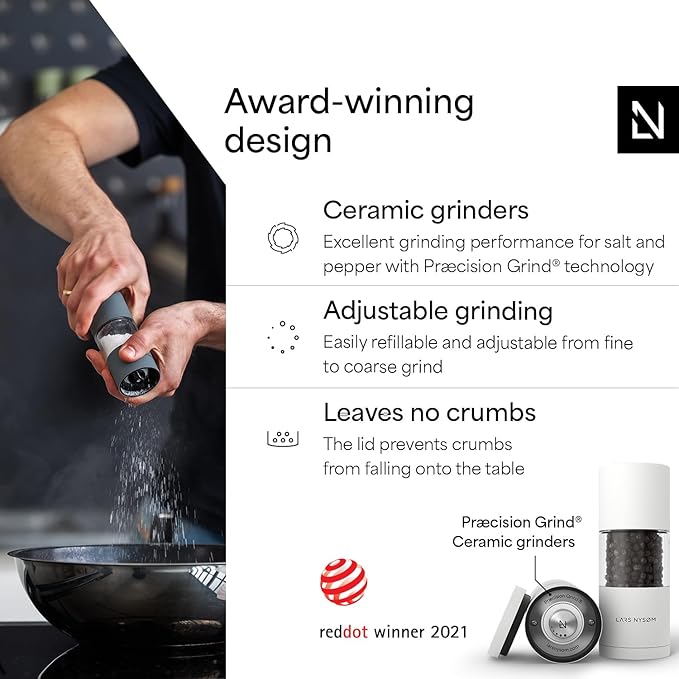 LARS NYSØM Salt and Pepper Grinder Set I Salt and Pepper Mills with Adjustable Ceramic Grinder 2 pieces I Manual Design Spice Mill Set (Pure White) - Image 2