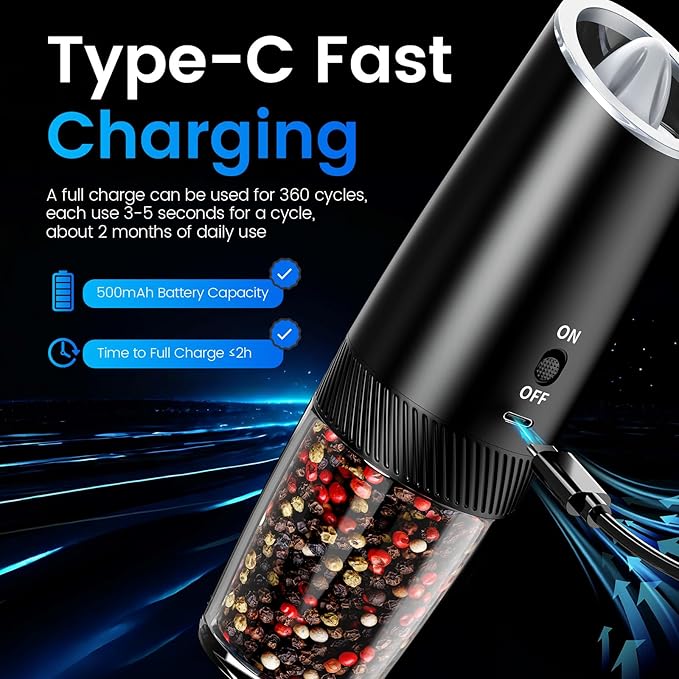 MealHelper Rechargeable Gravity Electric Salt and Pepper Grinder Set with LED Light, Type-C Fast Charging, Adjustable Coarseness, Large Capacity Grinder for Kitchen, Restaurant & Outdoor, (2 Pack)