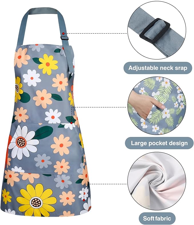 BOUMUSOE 3 Pack Floral Aprons with Pocket, Blooming Womens Aprons Waterproof Adjustable Cooking Apron for Kitchen Gardening - Image 4