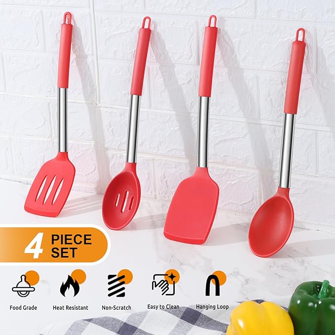 Cooking Utensils Set of 4, E-far Silicone Kitchen Utensils for Non-stick Cookware, Heat Resistant & Non-toxic Slotted Spatula Solid Spoon Turner for Flipping Mixing Serving Basting(Red) - Image 3