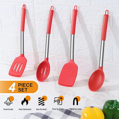 Cooking Utensils Set of 4, E-far Silicone Kitchen Utensils for Non-stick Cookware, Heat Resistant & Non-toxic Slotted Spatula Solid Spoon Turner for Flipping Mixing Serving Basting(Red) - Image 3