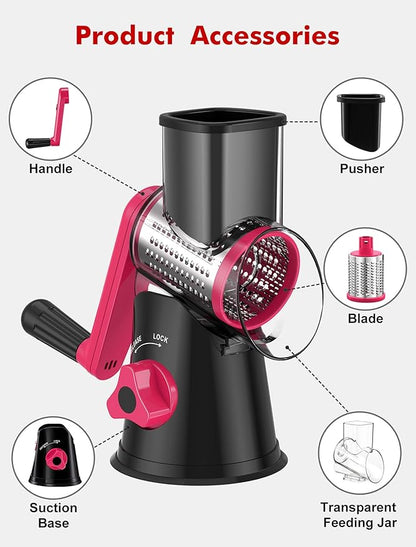 Cheese Grater Rotary, Rotary Grater for Kitchen, Kitchen Vegetable Slicer with 3 Drum Blades, Fast Cutting Cheese Shredder for Vegetables and Nuts (Black+Rosy, 3 BLADES) - Image 7