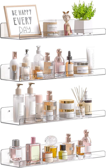 upsimples Acrylic Shelves for Bathroom Storage, 15" Floating Shelves Wall Organizer for Perfume, Make up, Skincare, Kids Bookshelf for Bedroom, Nursery, Living Room Decor, Clear, 4 Pack by upsimples