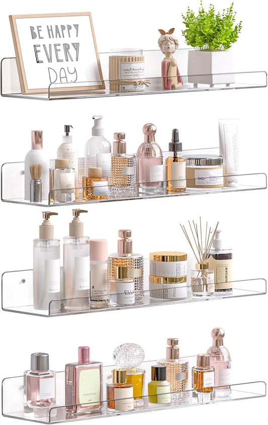 upsimples Acrylic Shelves for Bathroom Storage, 15" Floating Shelves Wall Organizer for Perfume, Make up, Skincare, Kids Bookshelf for Bedroom, Nursery, Living Room Decor, Clear, 4 Pack by upsimples
