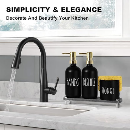 Kitchen Soap Dispenser Set, 16.9 fl oz Hand and Dish Soap Dispensers with Tray, Black and Gold Kitchen Soap Dispenser Set with Sponge Holder, Instant Dry Tray, Gold&Black