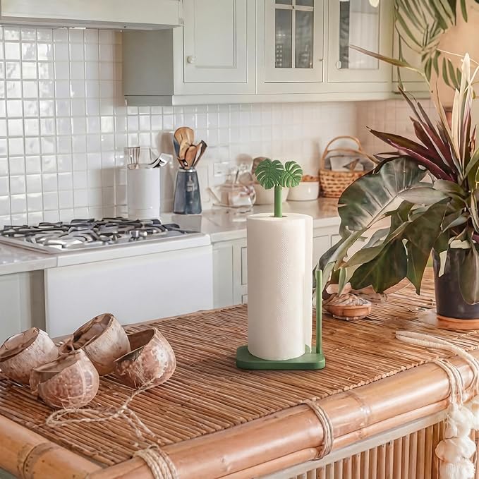 Leinuosen Monstera Leaves Paper Towel Holder Tropical Monstera Wooden Paper Towel Holder Green Ocean Tropical Bathroom Accessories Kitchen Roll Stand Organizer Standing Apartment Housewarming Gift