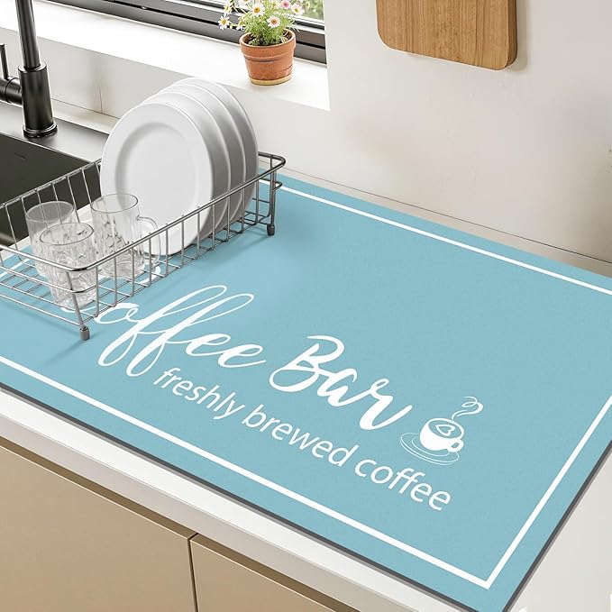 Findosom Dish Drying Mat, 12"x 20" Super Absorbent & Hide Stain Coffee Mat, Cuttable Drying Mat for Kitchen Counter, Coffee Bar Accessories, Under Dish Rack, Coffee Maker, Espresso Machine, Blue - Image 9
