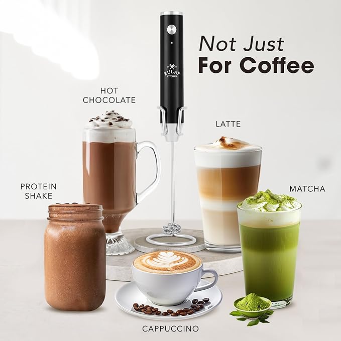 Zulay Kitchen Rechargeable Milk Frother Handheld - Lux 4 Whisks, Powerful 2-Speed Motor, Waterproof, 2000mAh Battery - Drink Mixer for Latte, Cappuccino, Matcha & Protein Powder - Jet Black - Image 3