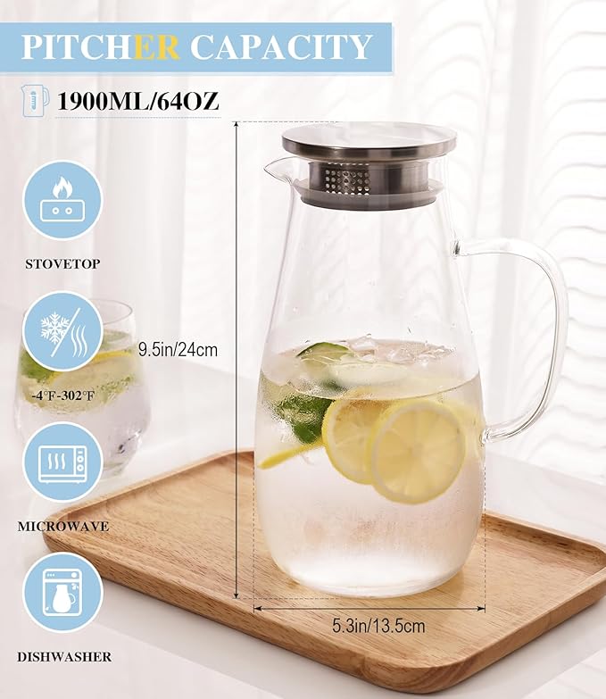 LUNA & MANTHA Glass Pitcher with Lid, Water Pitcher for Fridge, 64oz Drink Jug with handle, Borosilicate Glass for Iced Tea, Juice, Milk, Coffee Hot Cold Beverages Carafe 2 Quart - Image 2